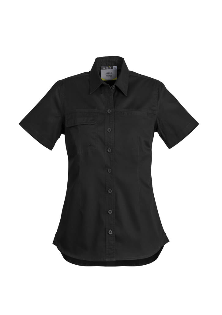 A lightweight short sleeve shirt in light grey with a button-up front and chest pockets, featuring a logo.