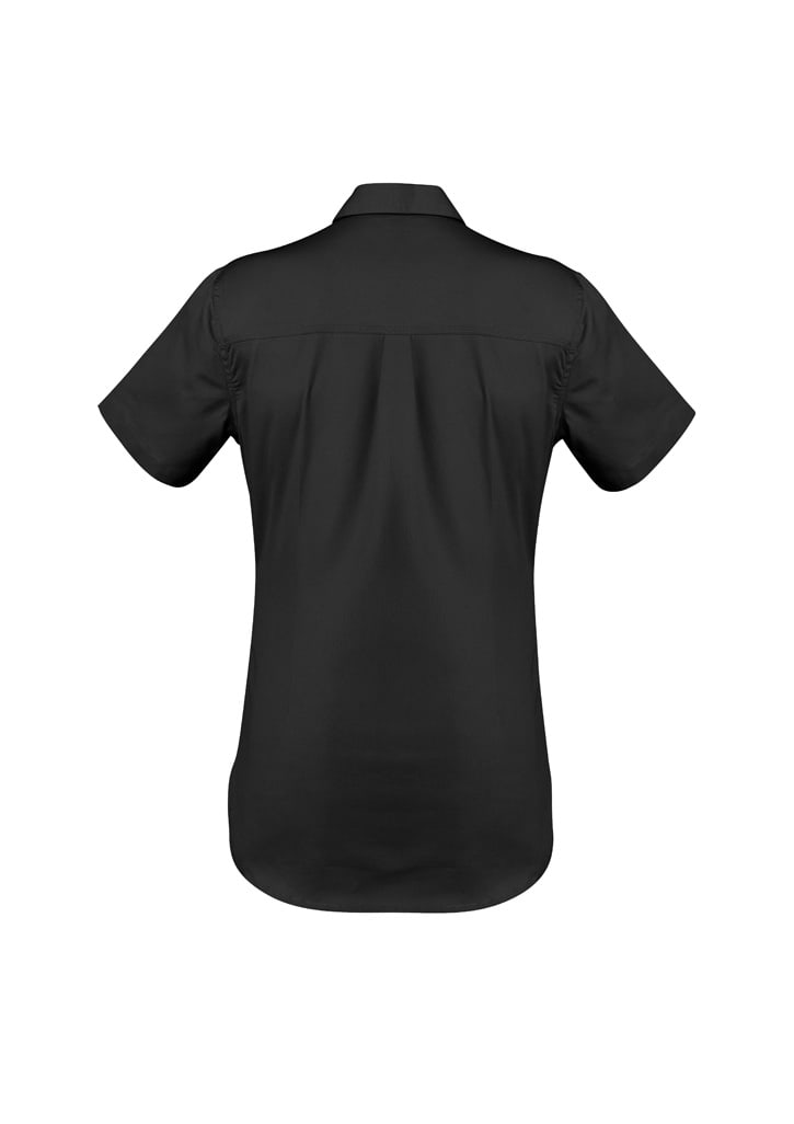 A lightweight grey short sleeve shirt designed for women, featuring a classic collar and back yoke. Includes a logo.