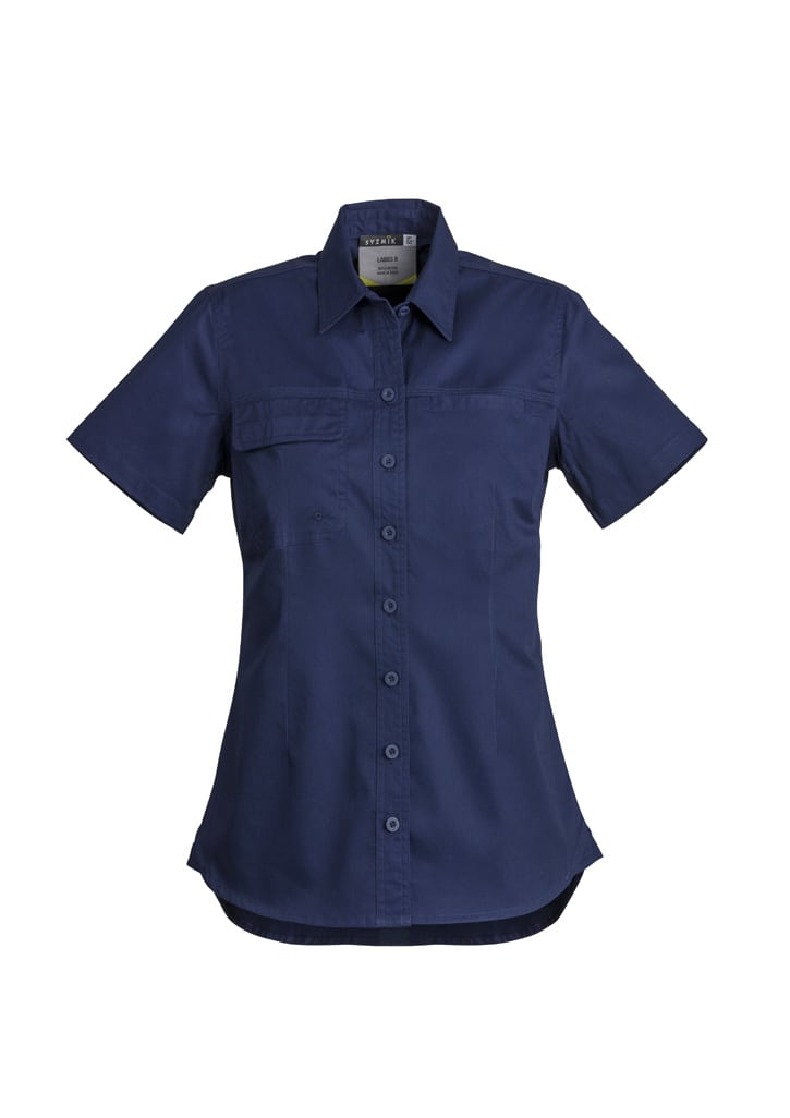 A lightweight short sleeve shirt in a light beige colour, featuring a button-up front and a logo.