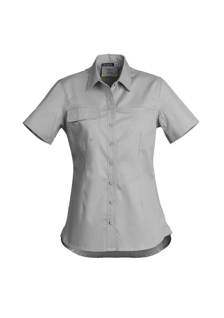 A navy women's lightweight tradie short sleeve shirt with a classic collar and back yoke detailing.