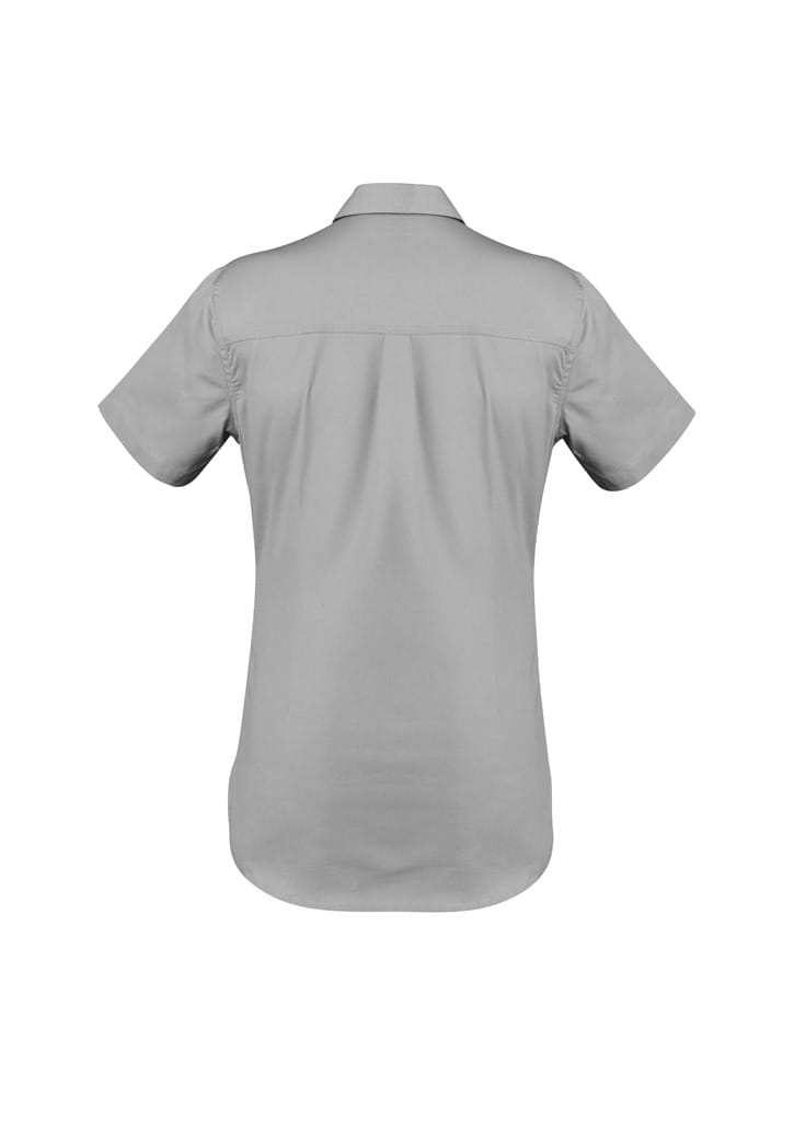A lightweight grey short sleeve shirt with a structured design and a logo, suitable for workwear.