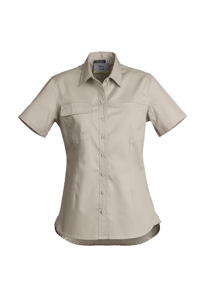A black short sleeve women’s work shirt featuring a collar and button-up design, with a chest pocket and branding.