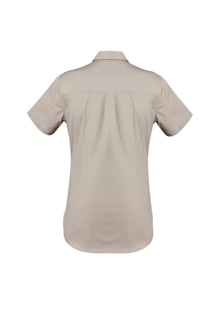 A black women's lightweight short sleeve shirt with a collar and a logo on the back.