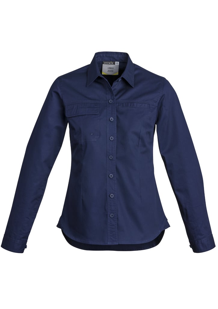 A navy women's lightweight long sleeve shirt with buttons and two front pockets, featuring a logo.