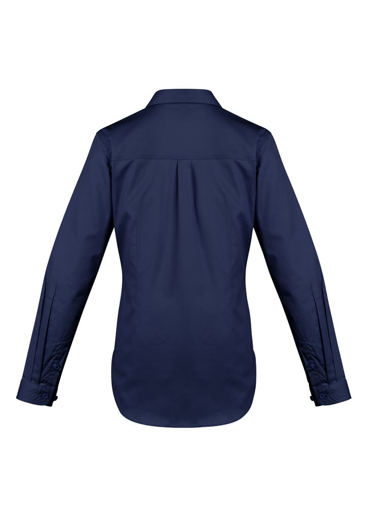 A women's long sleeve shirt in navy blue, featuring a back yoke and cuff detailing. The shirt has a logo.
