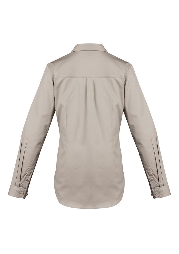 A women's lightweight long sleeve shirt in beige with a button-up back and sleeve detailing. Features a logo.