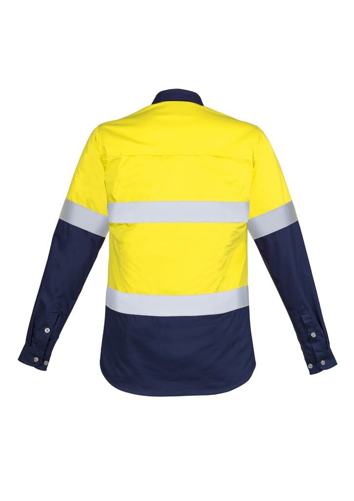 A long sleeve work shirt in bright yellow with navy blue sections and reflective tape across the chest and back.