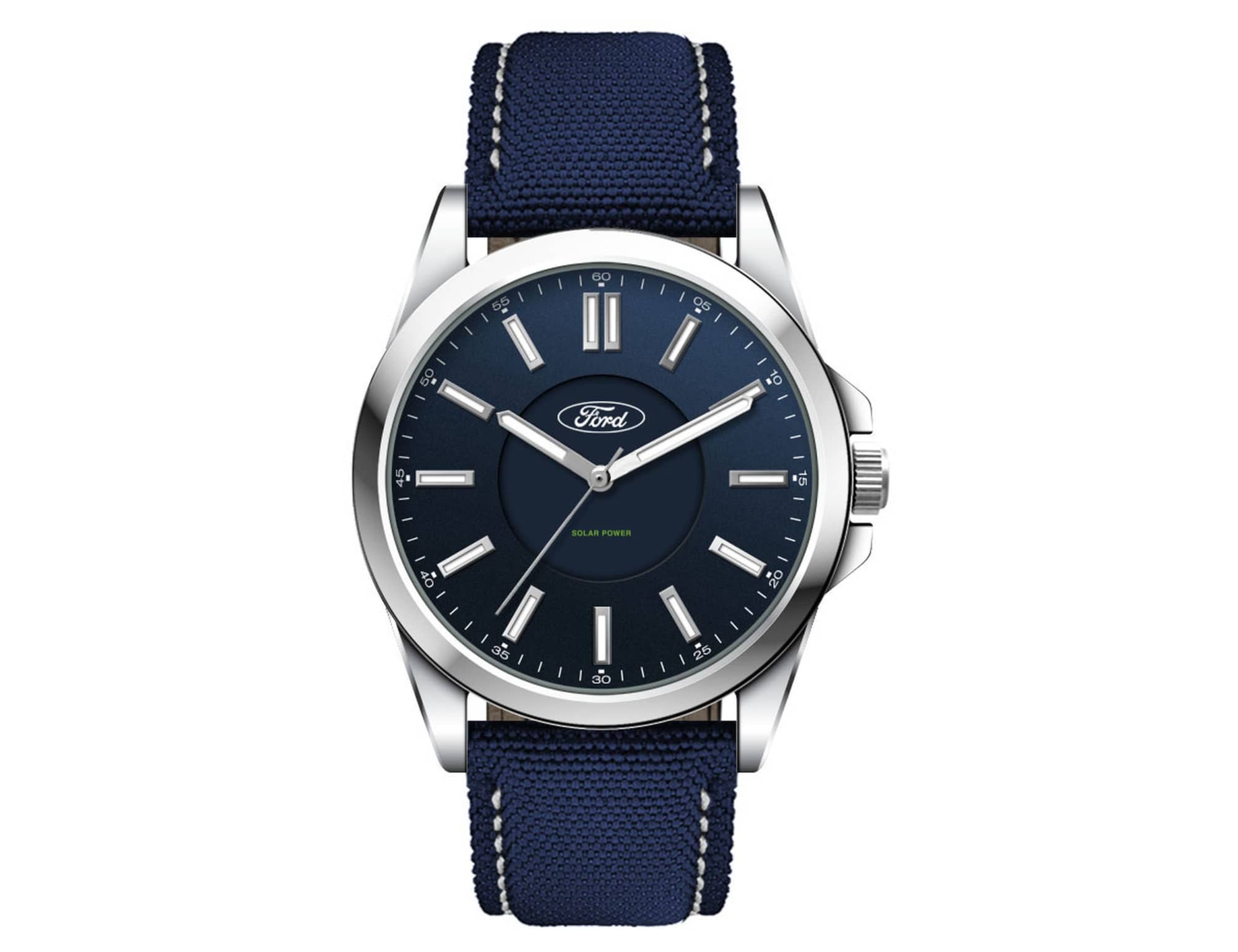A solar-powered unisex watch with a navy rPET strap and a silver case, featuring a minimalist dark face and branding.