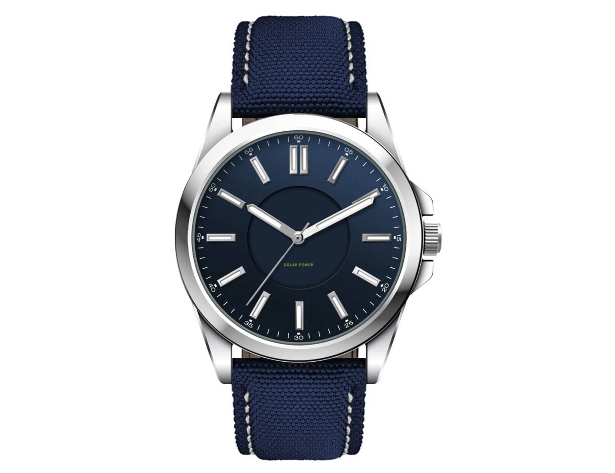 A unisex solar watch featuring a navy blue face and rPET strap, with a silver stainless steel case and a logo.