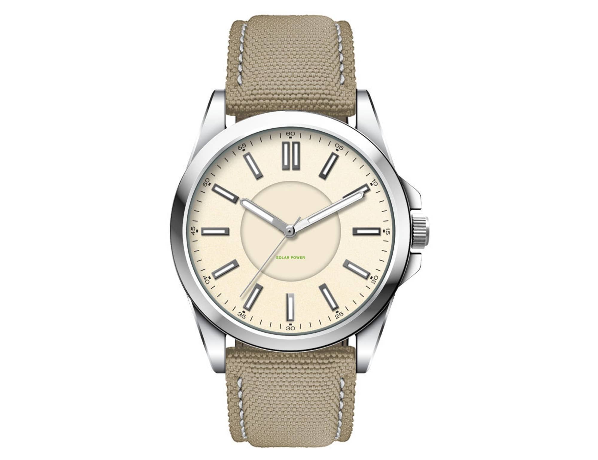 A unisex solar watch featuring a cream face and a khaki rPET strap, with a silver-tone metal case.