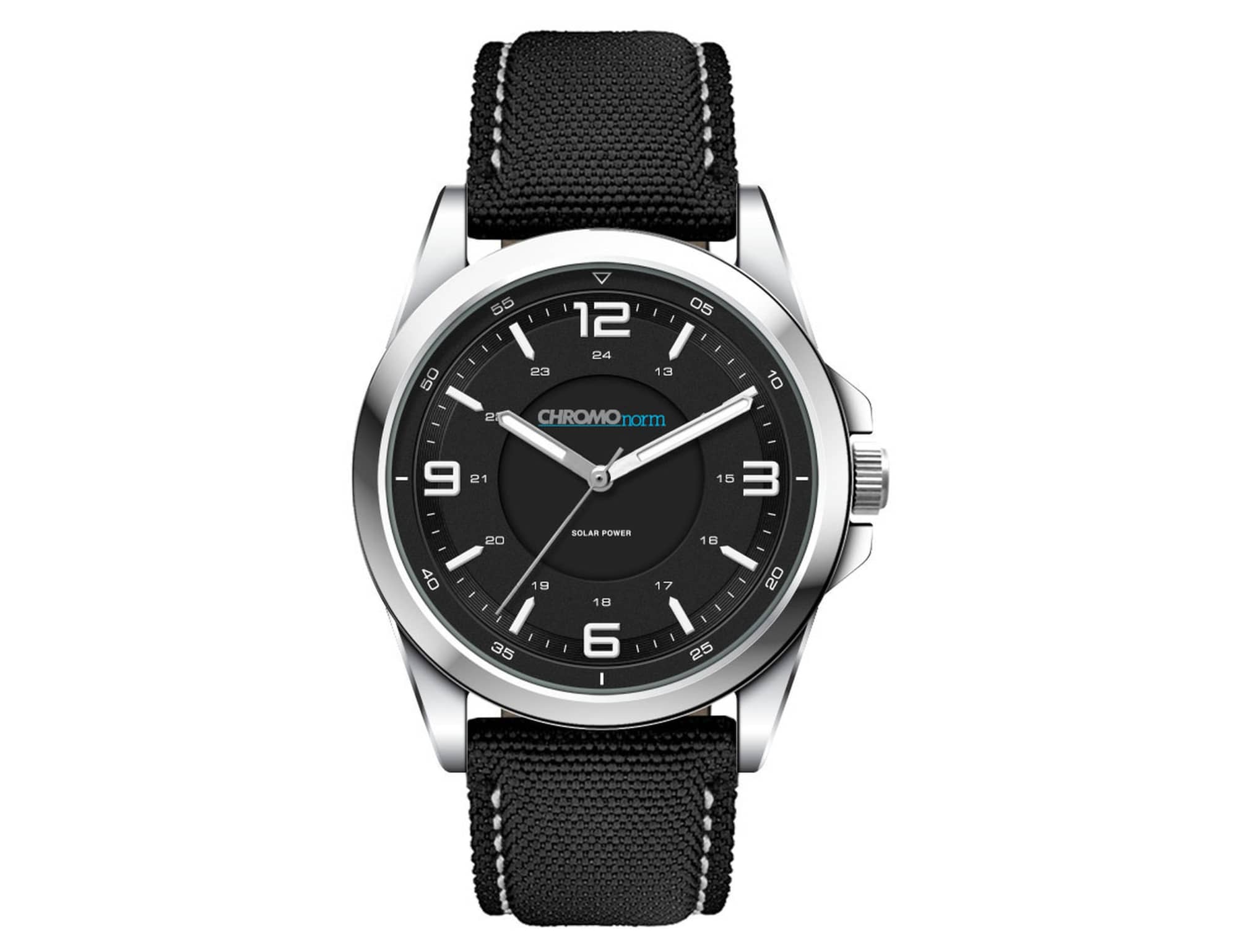 A solar-powered unisex watch with a black face and a black rPET strap, featuring a silver metal case and logo.