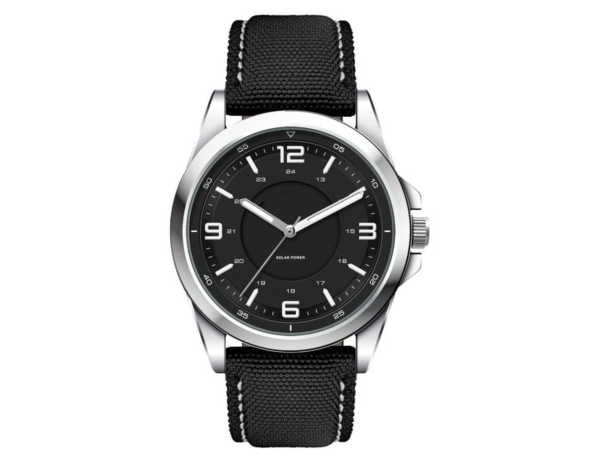 A black unisex watch with a rPET strap and silver-tone casing featuring a minimalist black dial.