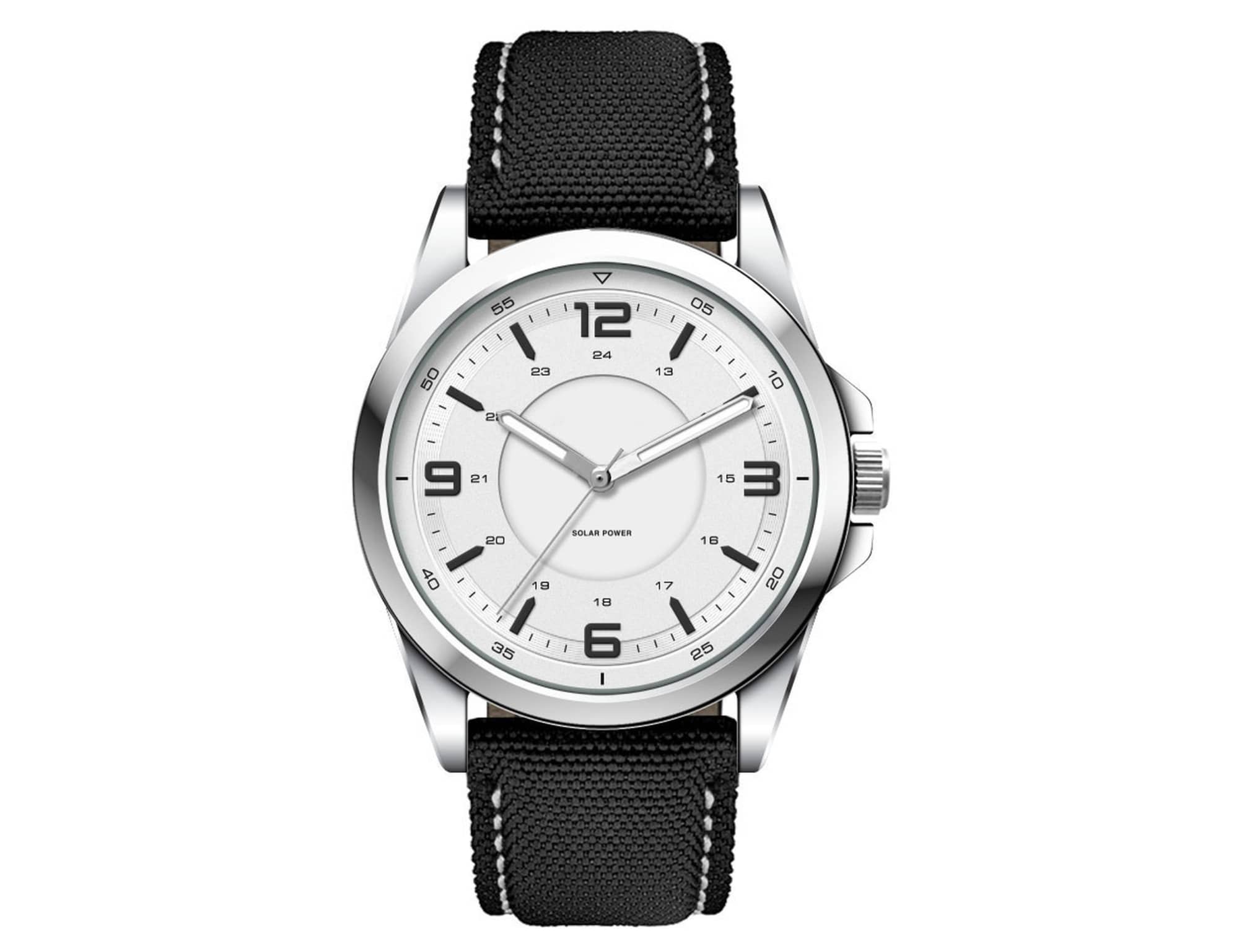A silver watch with a white face and black rPET strap, featuring bold numeric hour markers and a logo.