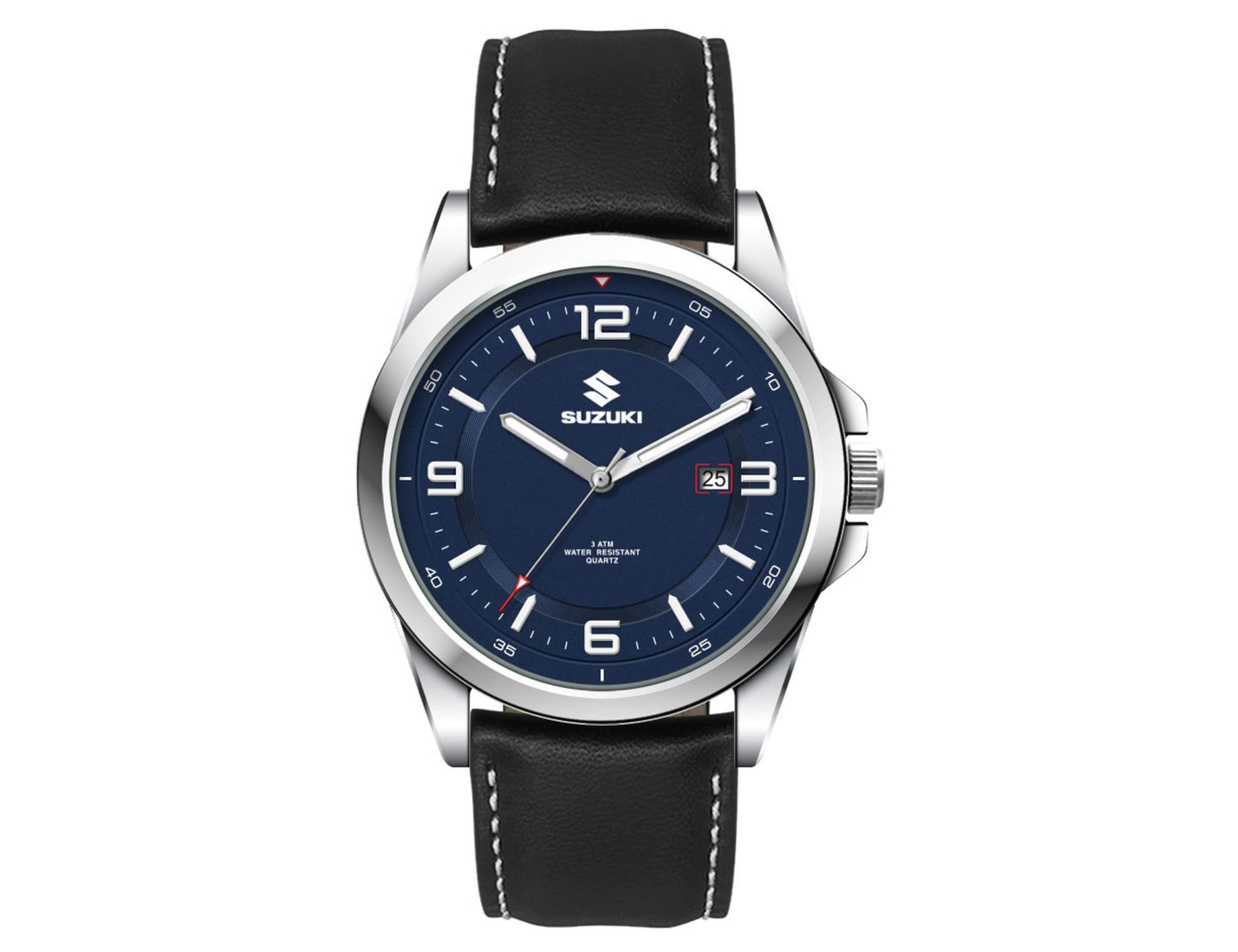 A casual unisex watch featuring a navy blue dial, silver case, and a black leather strap, with a logo on the face.