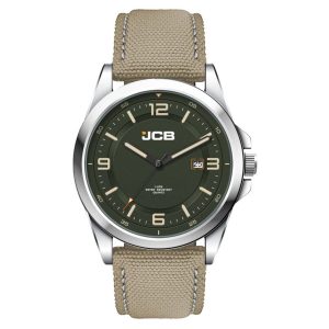 A casual unisex watch featuring a green dial and a light brown rPET strap, with a silver-tone case and logo.