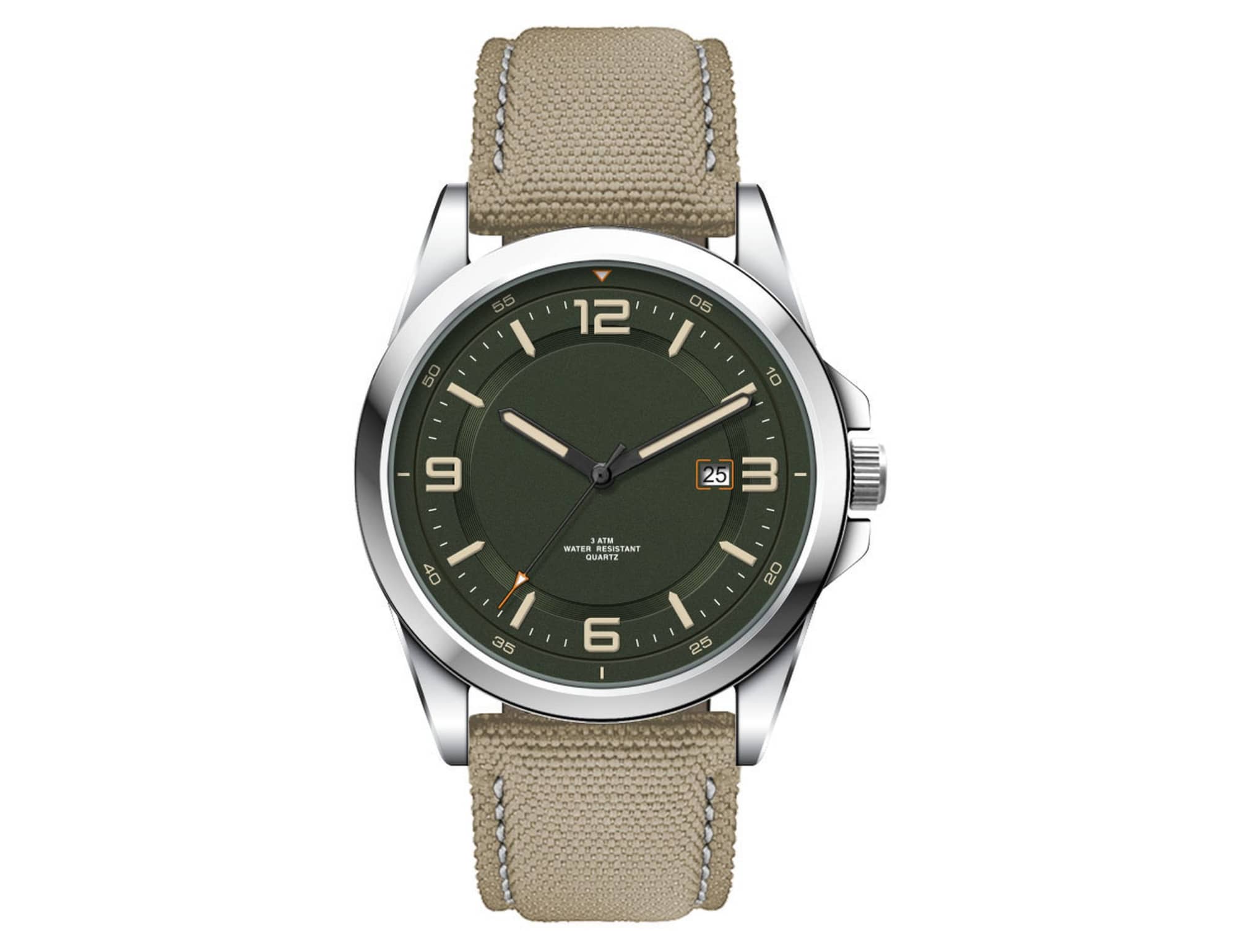 A casual unisex watch featuring a green dial, silver case, and a beige rPET strap, with a logo on the dial.