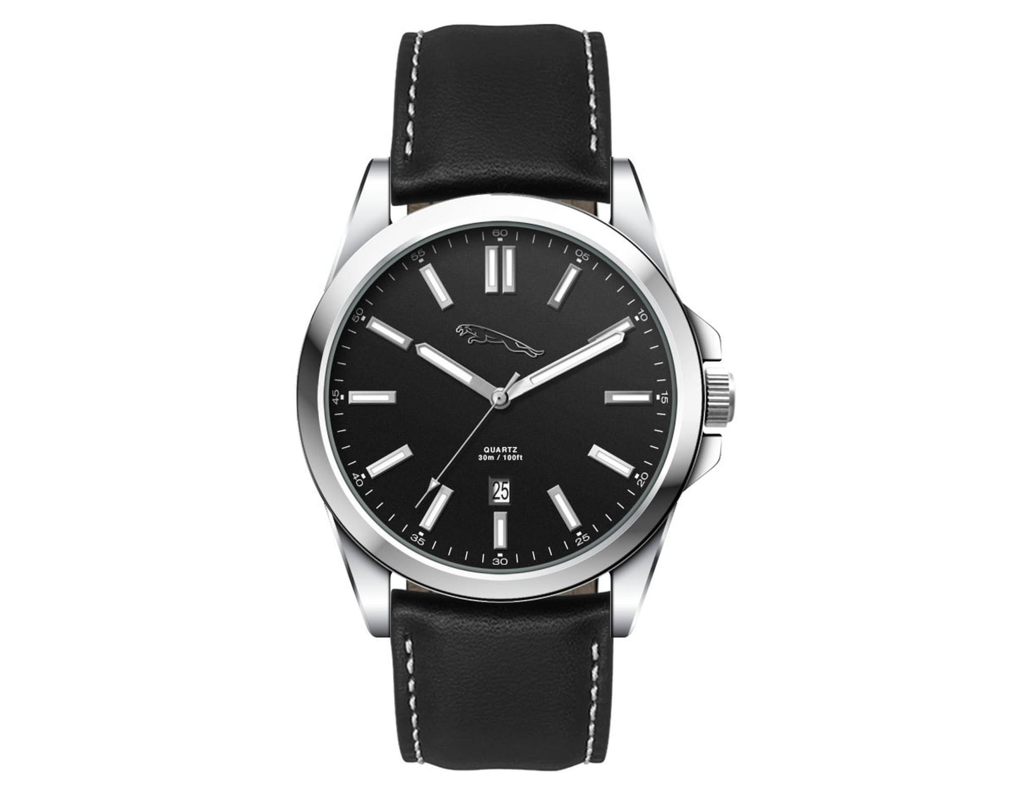 A casual unisex watch featuring a black face, silver hour markers, and a black leather strap with a logo.