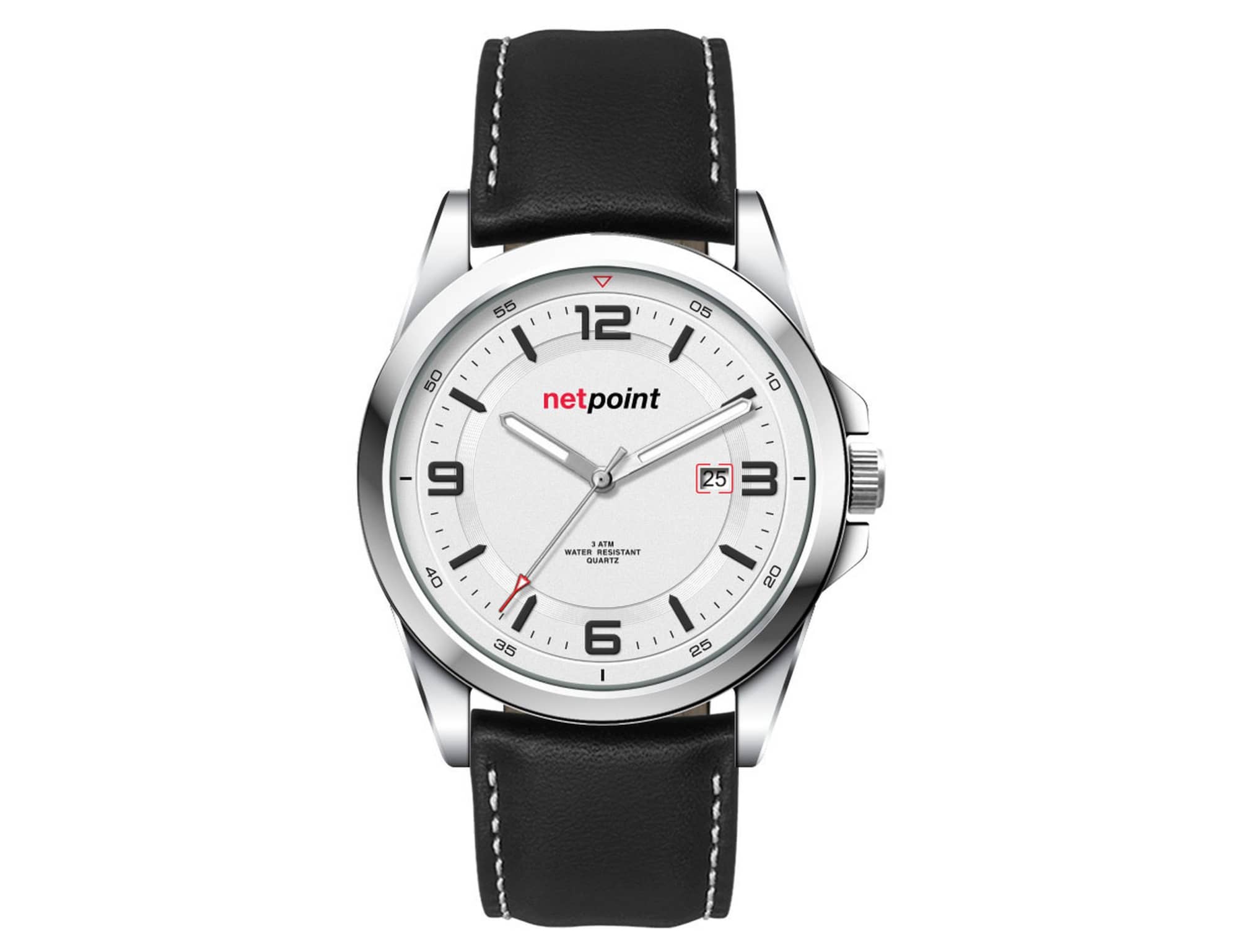 A unisex watch featuring a silver face, black leather strap, and a logo on the dial.