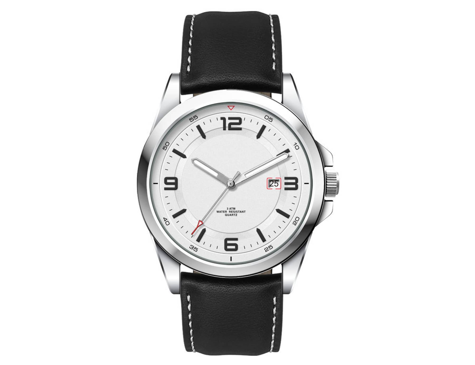 A casual unisex watch featuring a silver dial, black leather strap, and a date display. It includes a logo on the watch face.