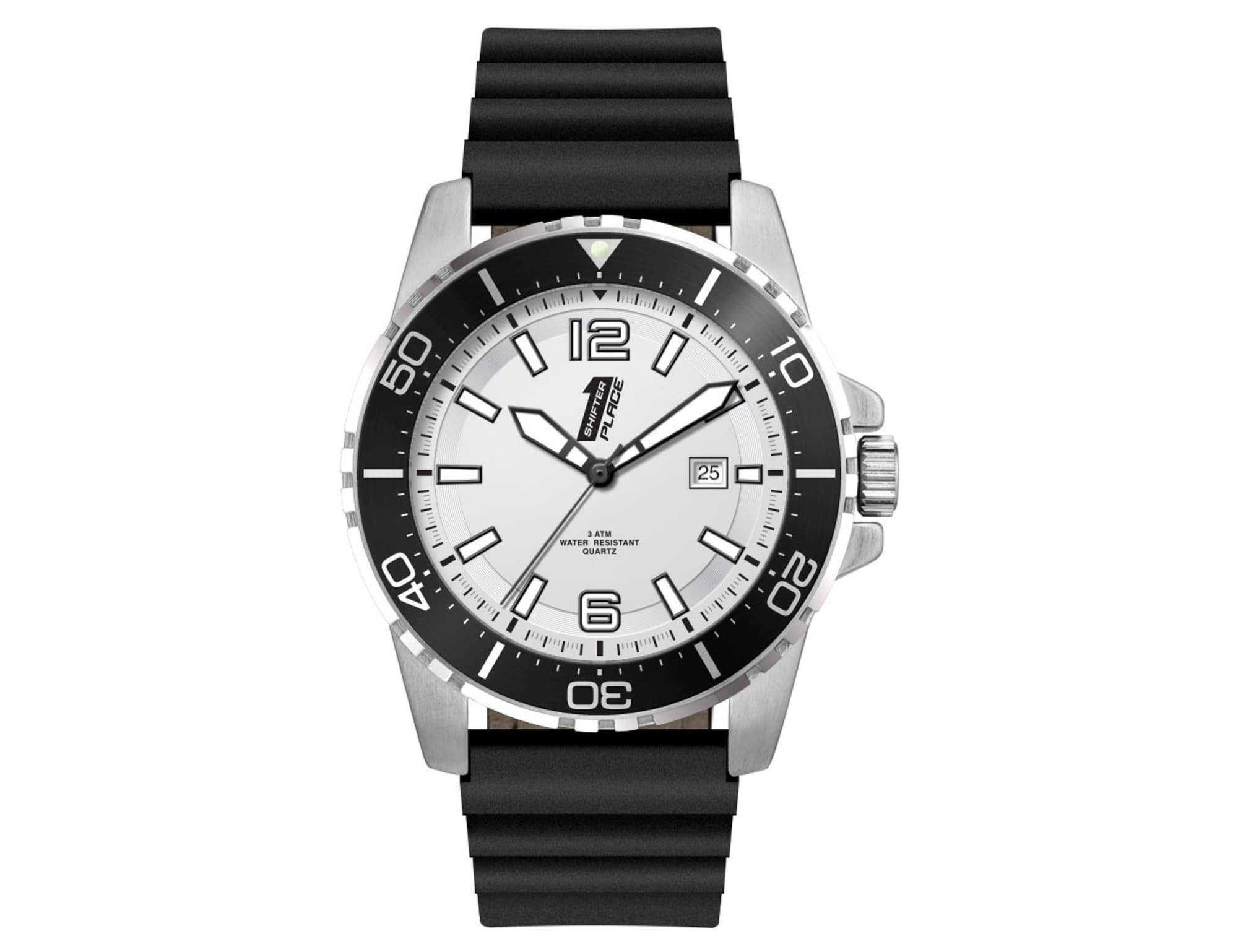 A sports watch with a black silicone strap and a white dial featuring silver accents and a date function.