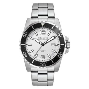 A stainless steel sports watch featuring a white dial, black accents, and a date display with a branded logo.