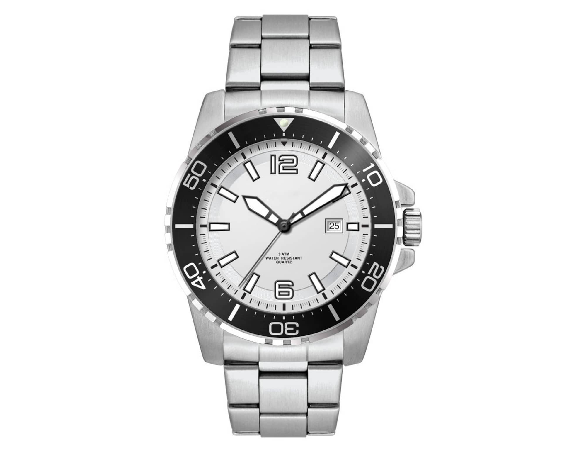 A stainless steel sports watch featuring a white face and black bezel, with a metal strap and a logo.