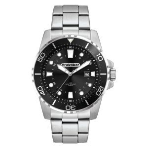 A stainless steel sports watch with a black dial, luminous markers, and a metal strap, featuring a branding logo.