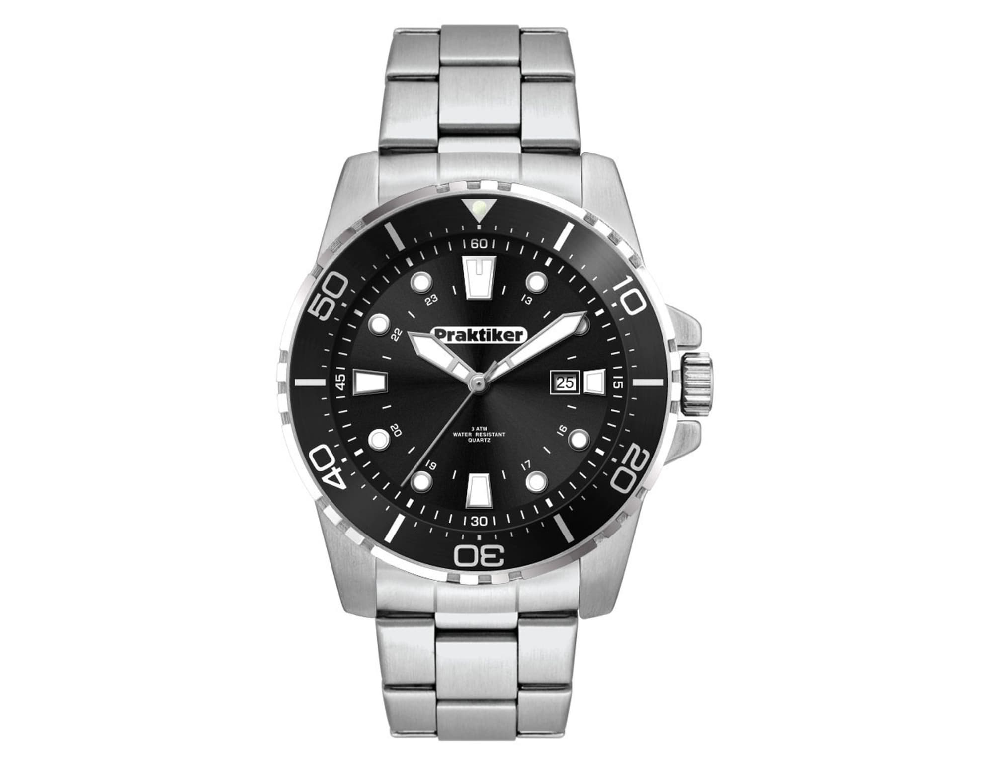 A stainless steel sports watch with a black dial, luminous markers, and a metal strap, featuring a branding logo.