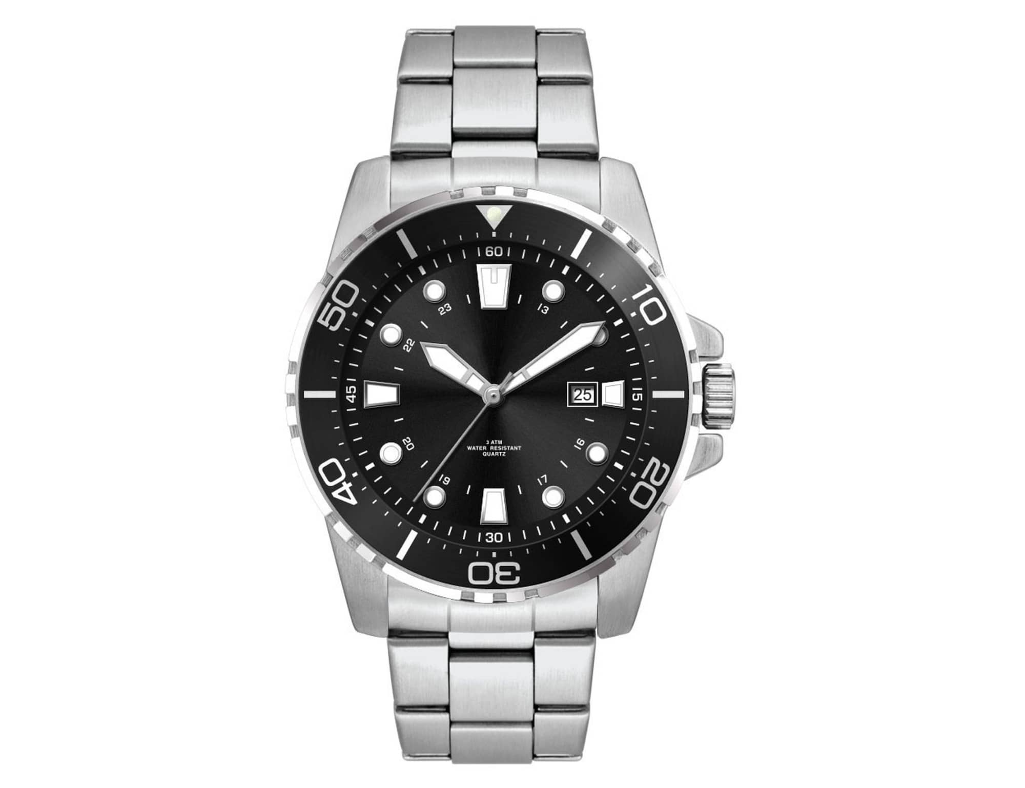 A stainless steel sports watch with a black face, featuring luminous markers and a date display.
