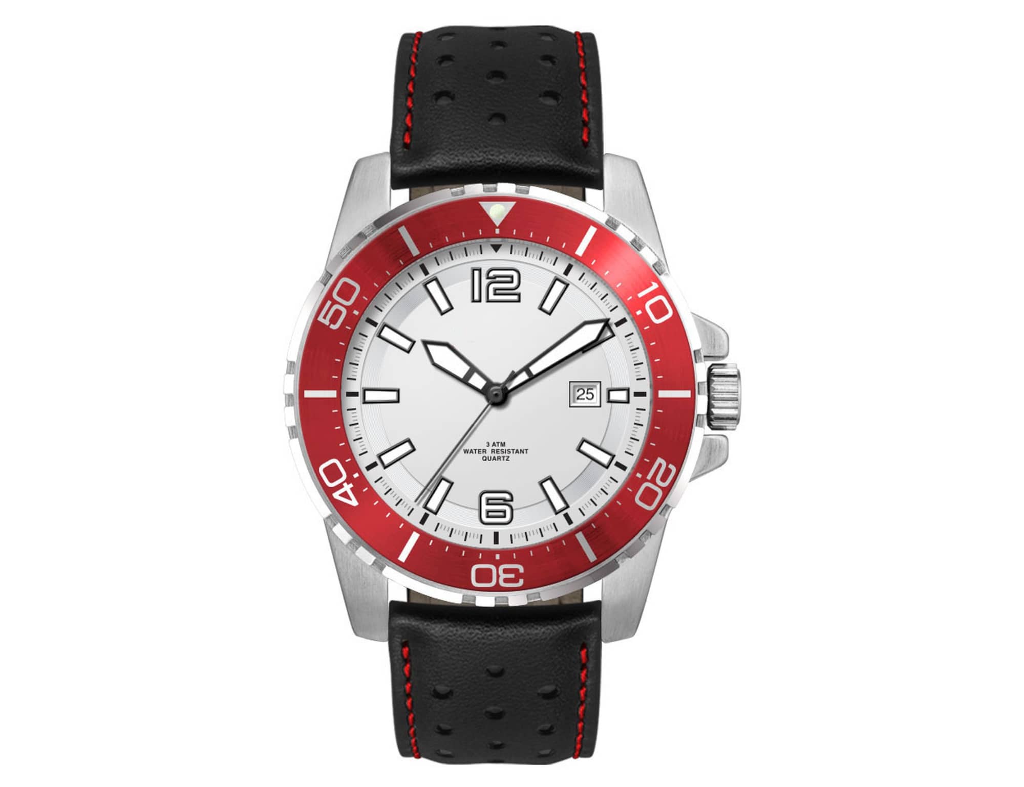 A sports watch with a silver case, white dial, red bezel, and either a leather or silicone strap with red stitching.