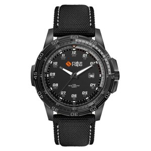 A black sports watch featuring a rPET strap, with a black dial and silver accents, including a logo on the strap.