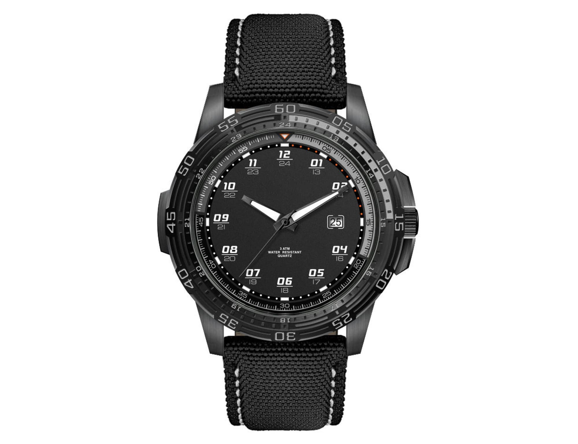 A sports watch with a black face and numbers, featuring a textured black rPET strap and a logo.