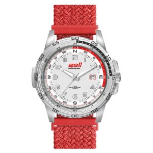 A sports watch with a white dial, silver case, and red nylon strap, featuring a logo on the face.