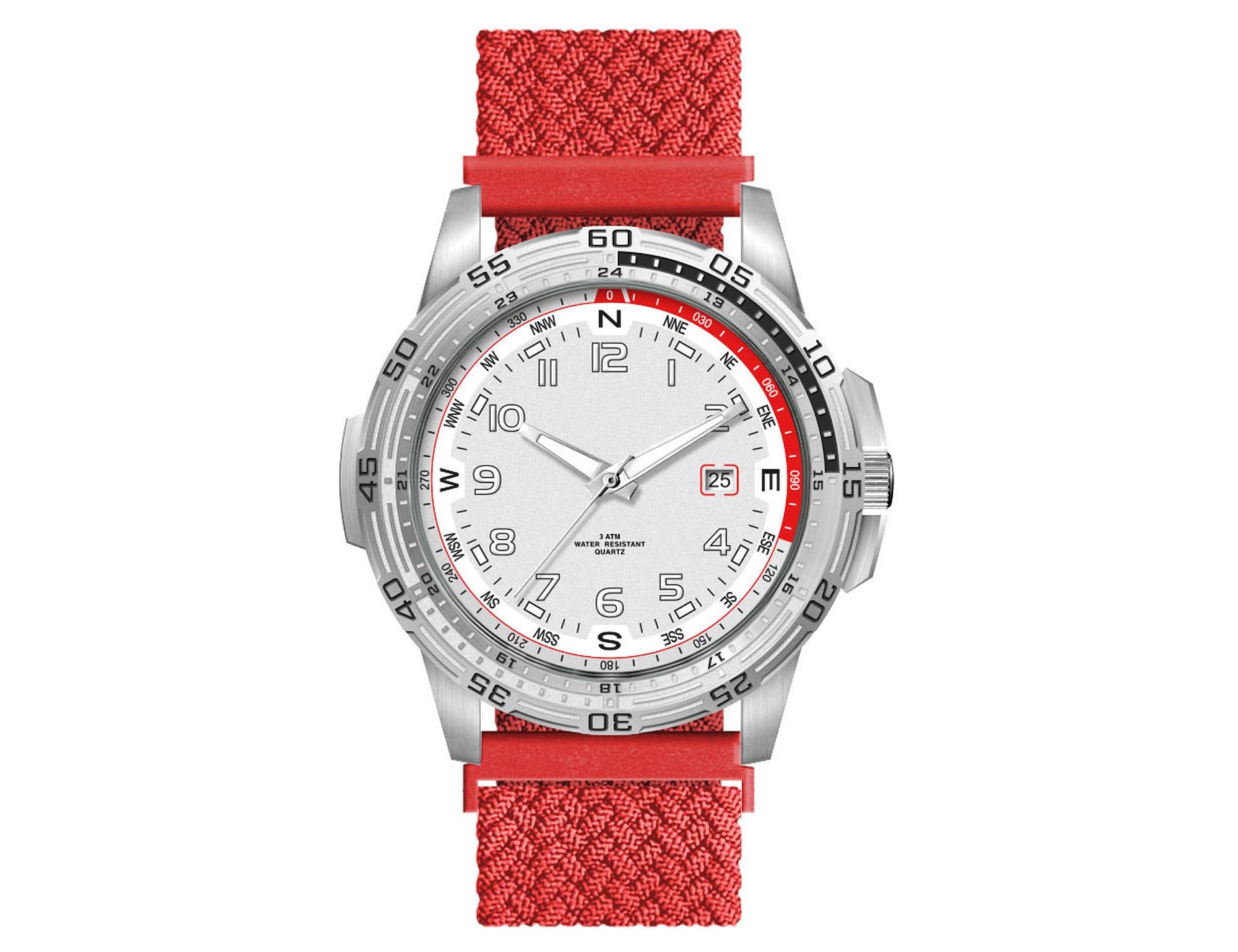 A sports watch with a silver face and a bright red nylon strap, featuring a logo on the side.