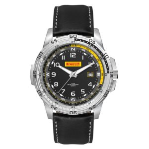 Sports watch with a black leather strap, stainless steel case, and a black dial featuring yellow accents and a date display.