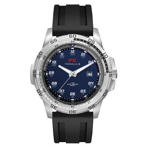 A sports watch with a navy blue dial and silver-tone case, featuring a black silicone strap and a logo.