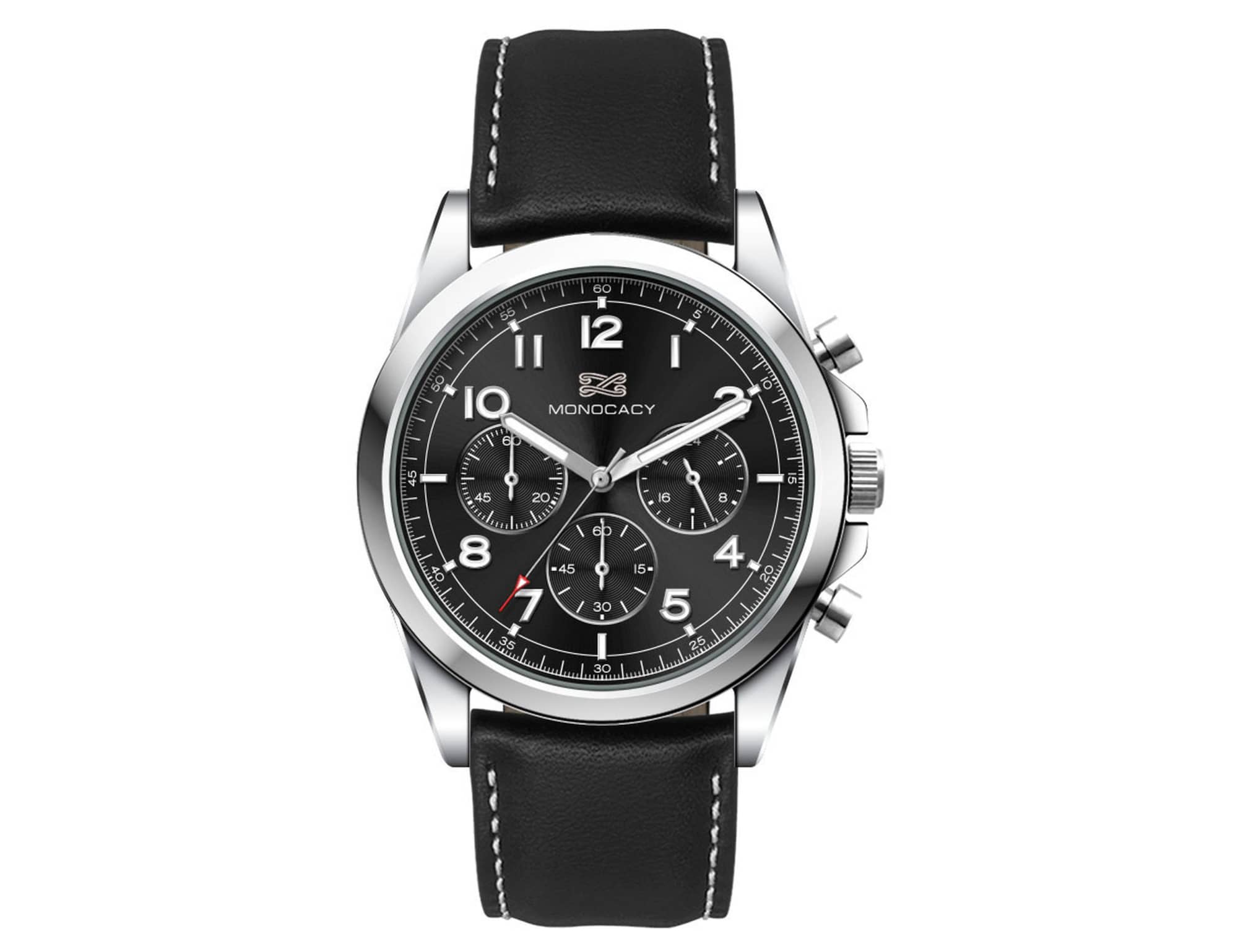 A black unisex watch featuring a leather strap, silver accents, and a black dial with white and red details.