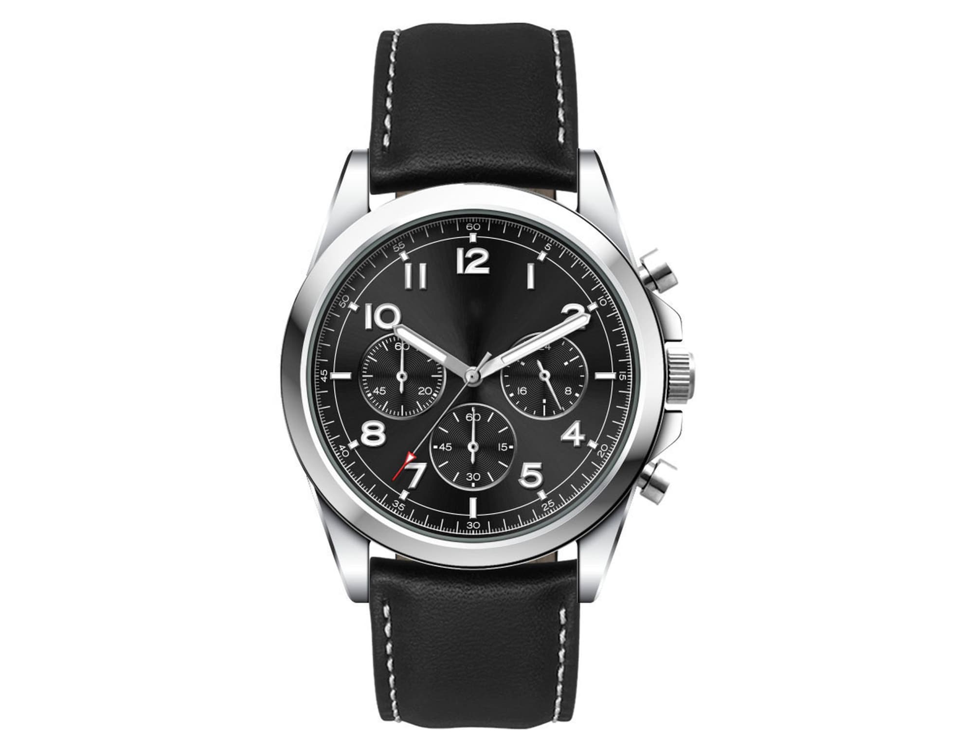 A unisex watch featuring a black leather strap and a silver stainless steel case with a black dial and chronograph functions.