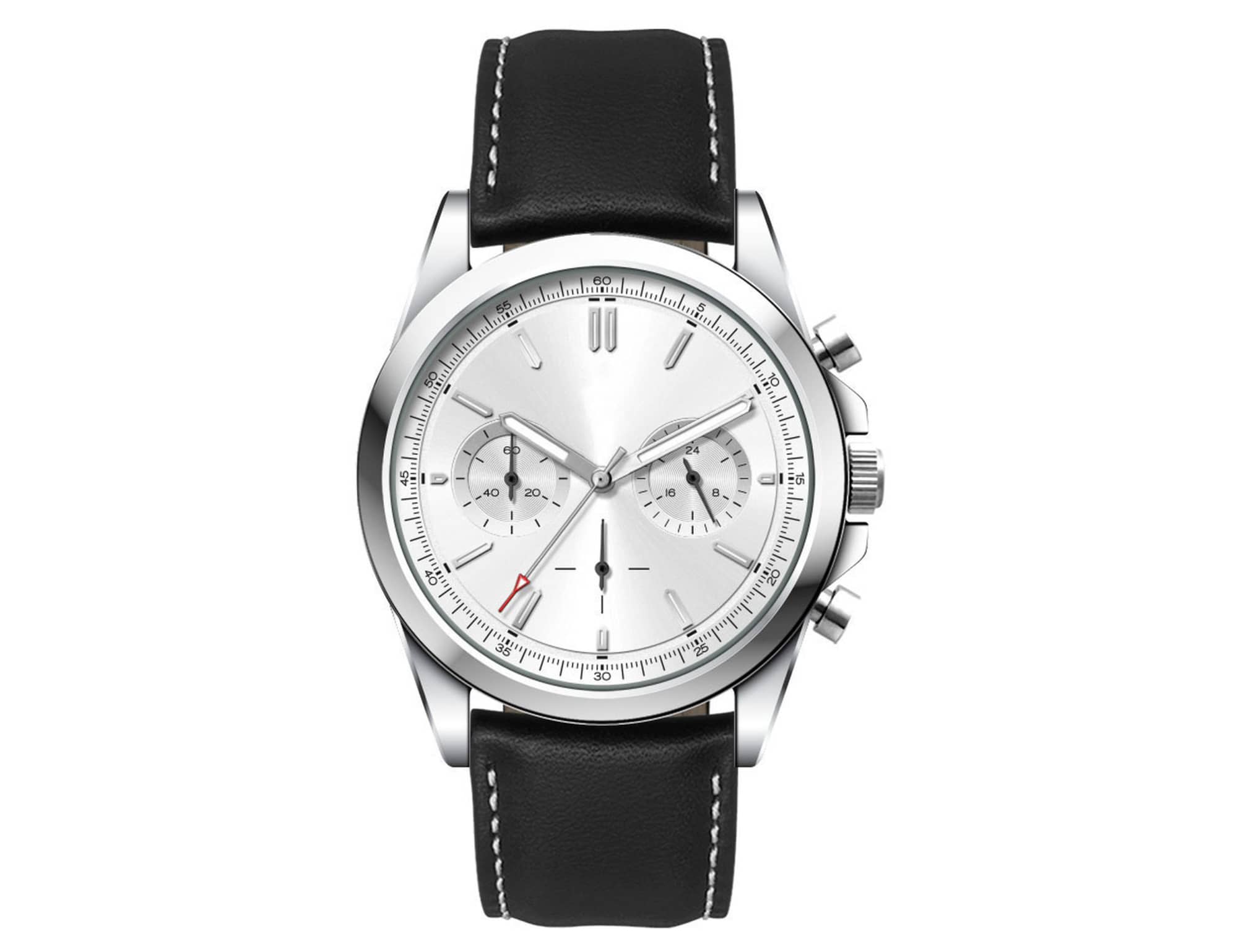 A unisex watch with a silver face and black leather strap, featuring chronograph details and a logo.