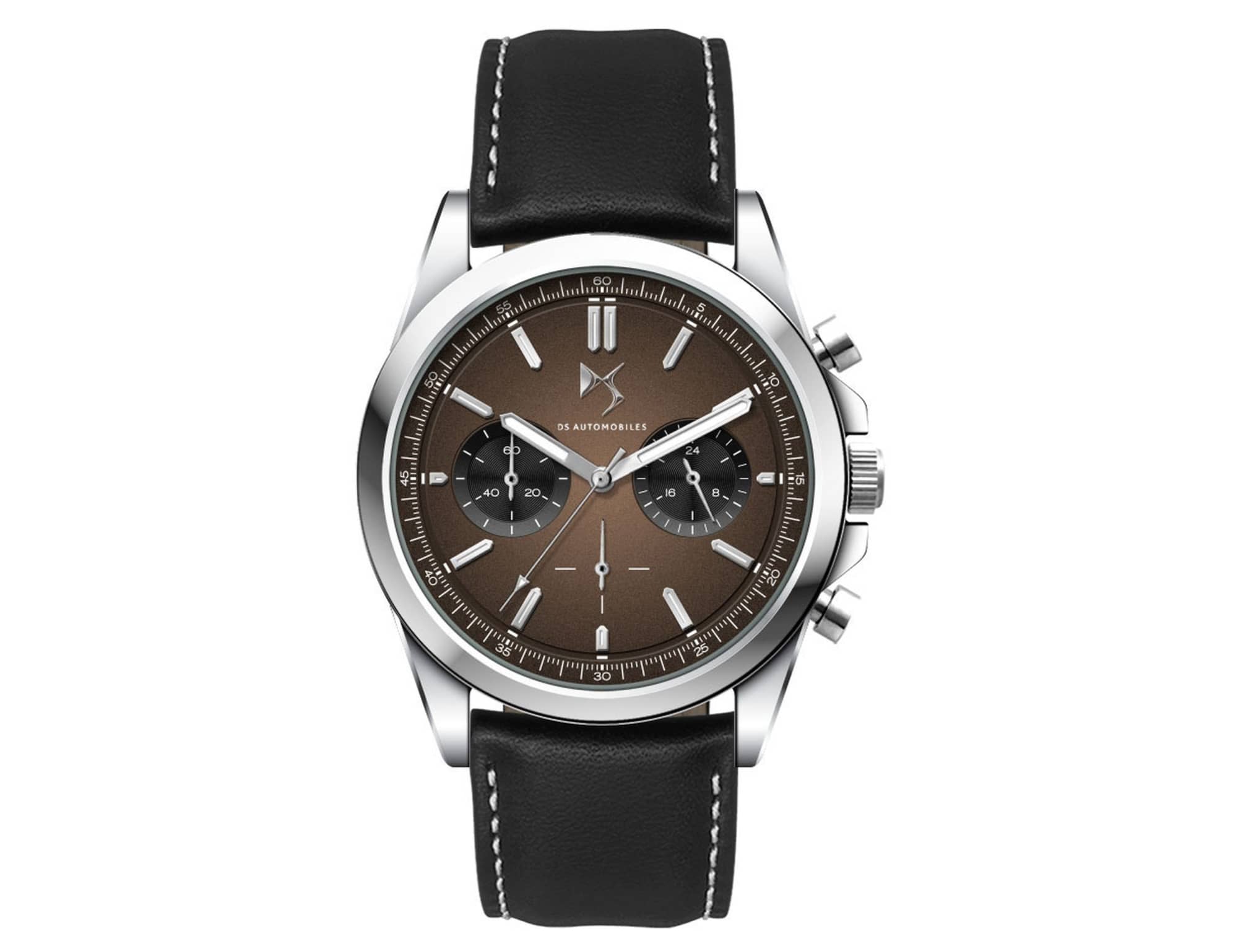 A unisex watch with a brown dial, silver case, and black leather strap featuring white stitching and a logo.
