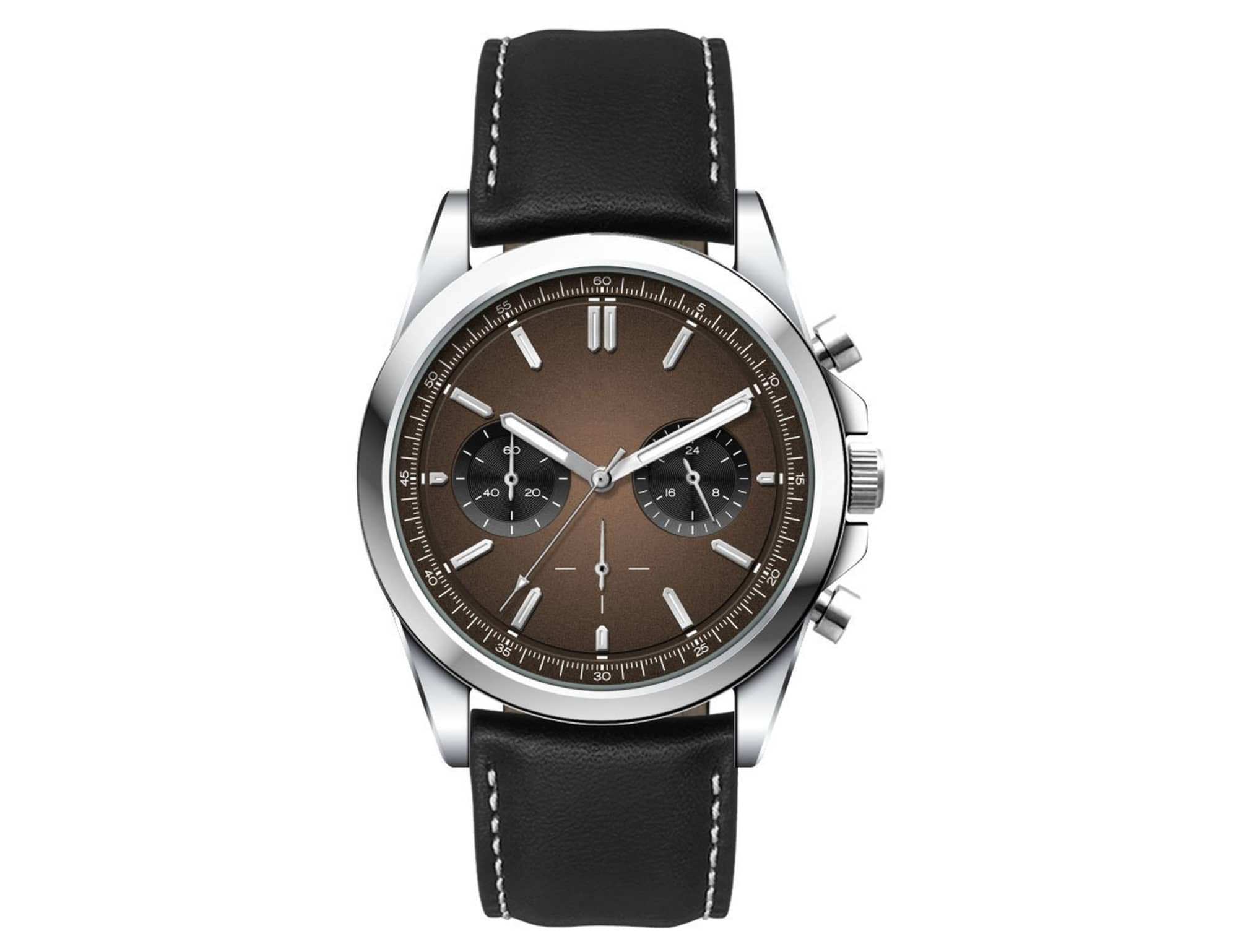 A brown chronograph watch with a silver case and black leather strap, featuring a branded logo.
