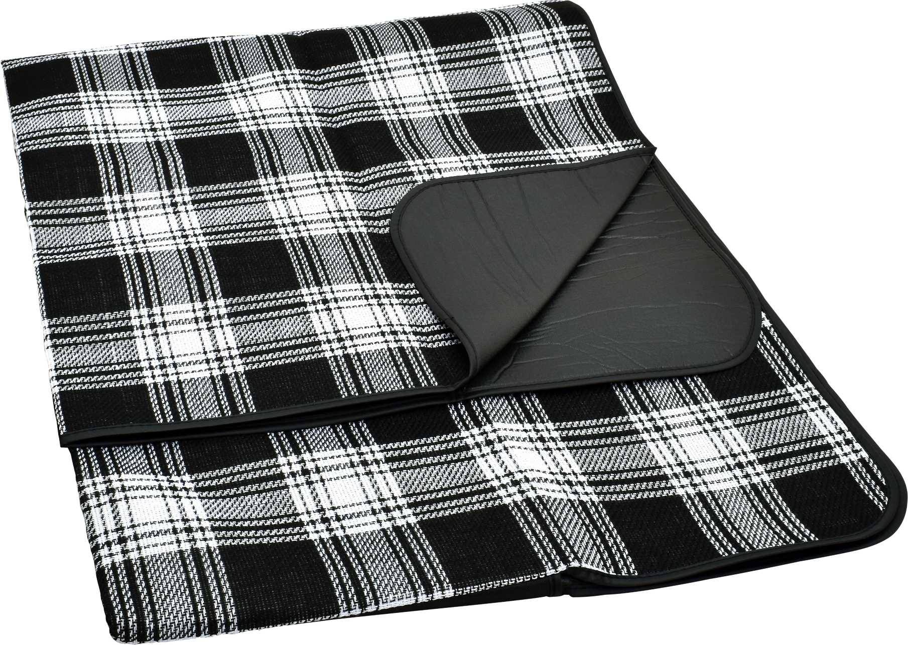 A black and white checked picnic rug with a smooth backing, featuring an integrated fold for easy storage.