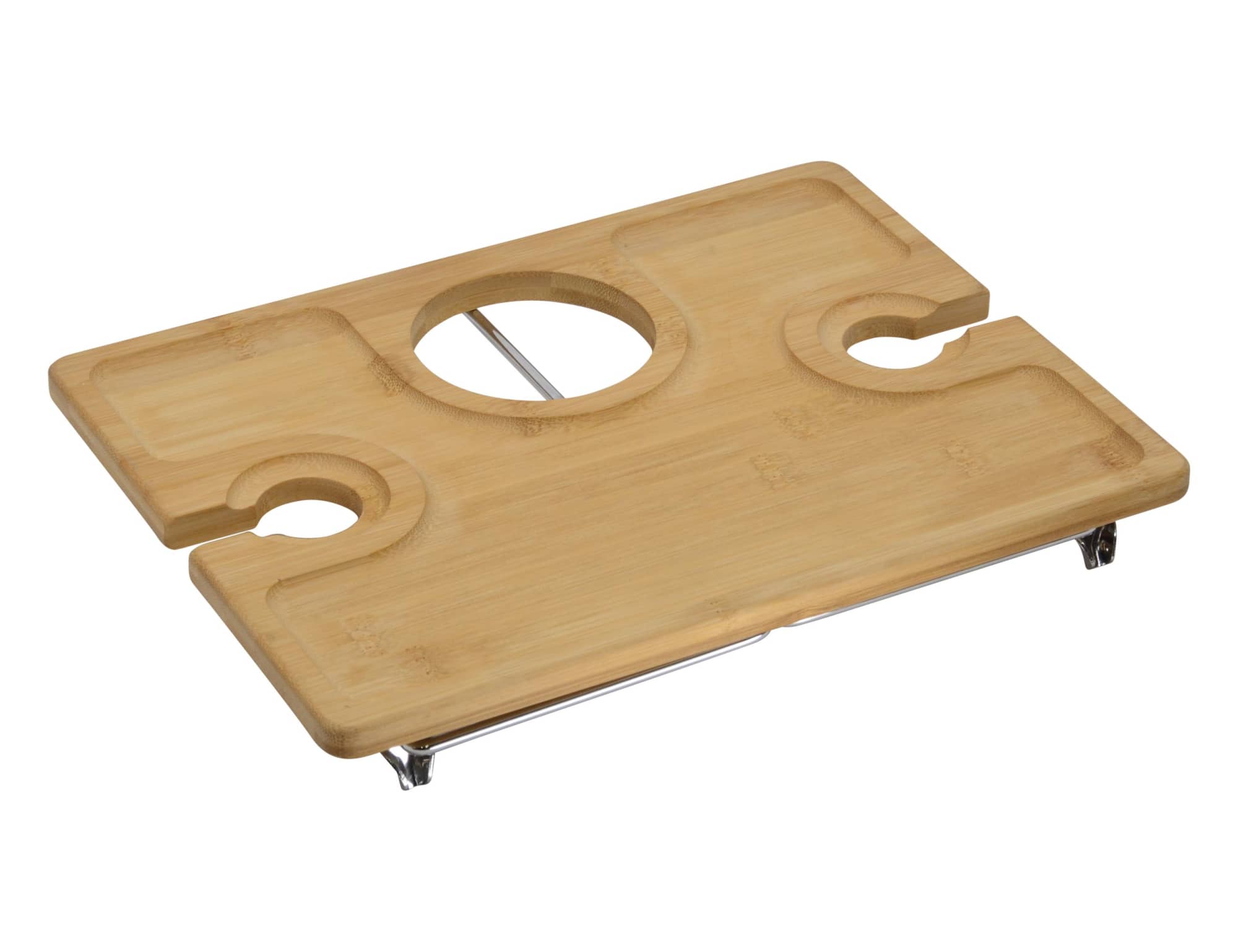 A bamboo picnic board featuring two drink holders and a central circular cutout for easy handling.