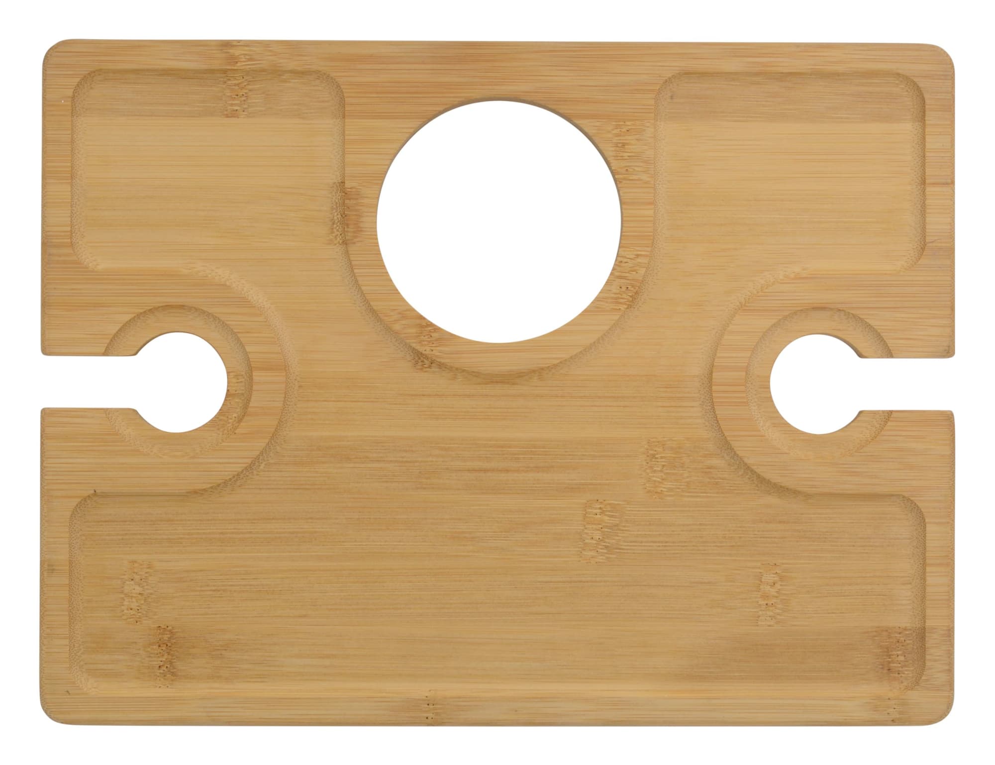 A bamboo picnic board featuring a circular cutout and two cup holders, ideal for outdoor dining.