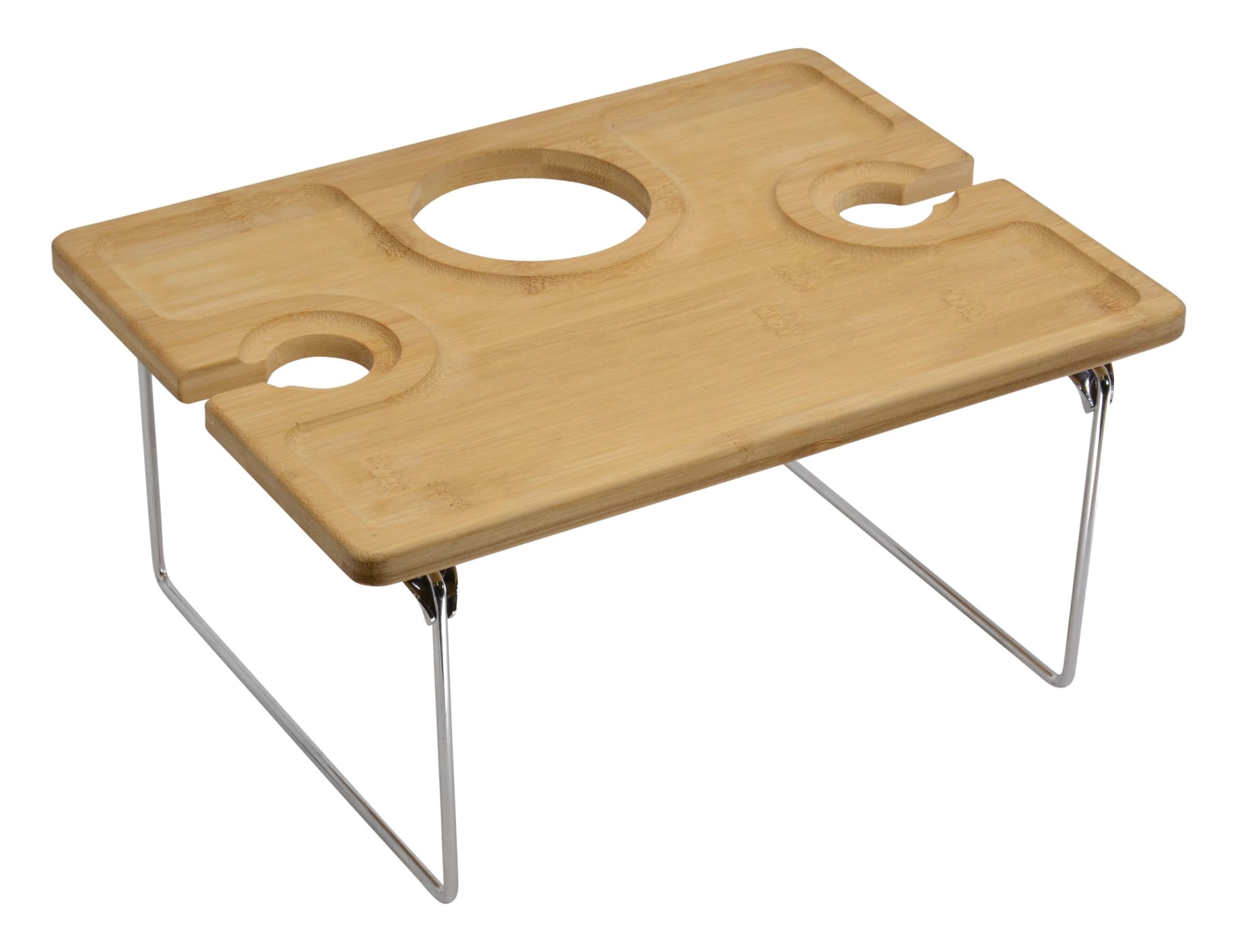 A bamboo picnic table with metal legs, featuring two cup holders and a central circular cutout.