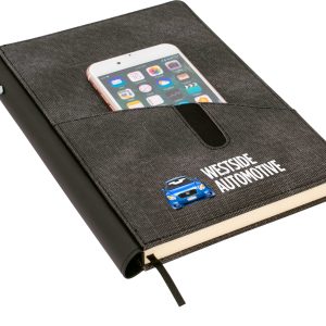 A black and grey A5 notebook with a pocket for a phone and a logo on the front.