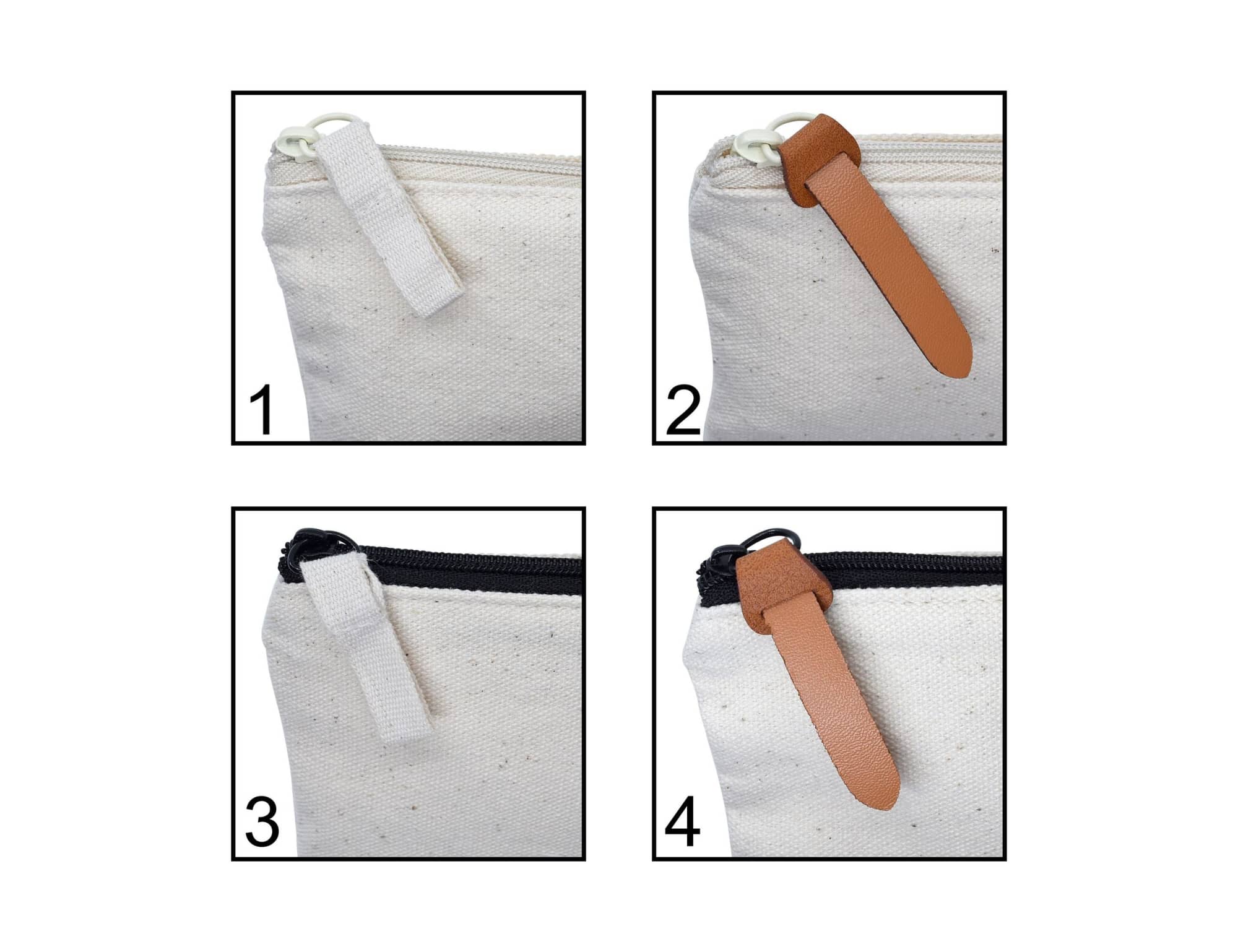 A cream-coloured pencil case with various zip pulls, including a brown leather strap and fabric options, featuring a logo.