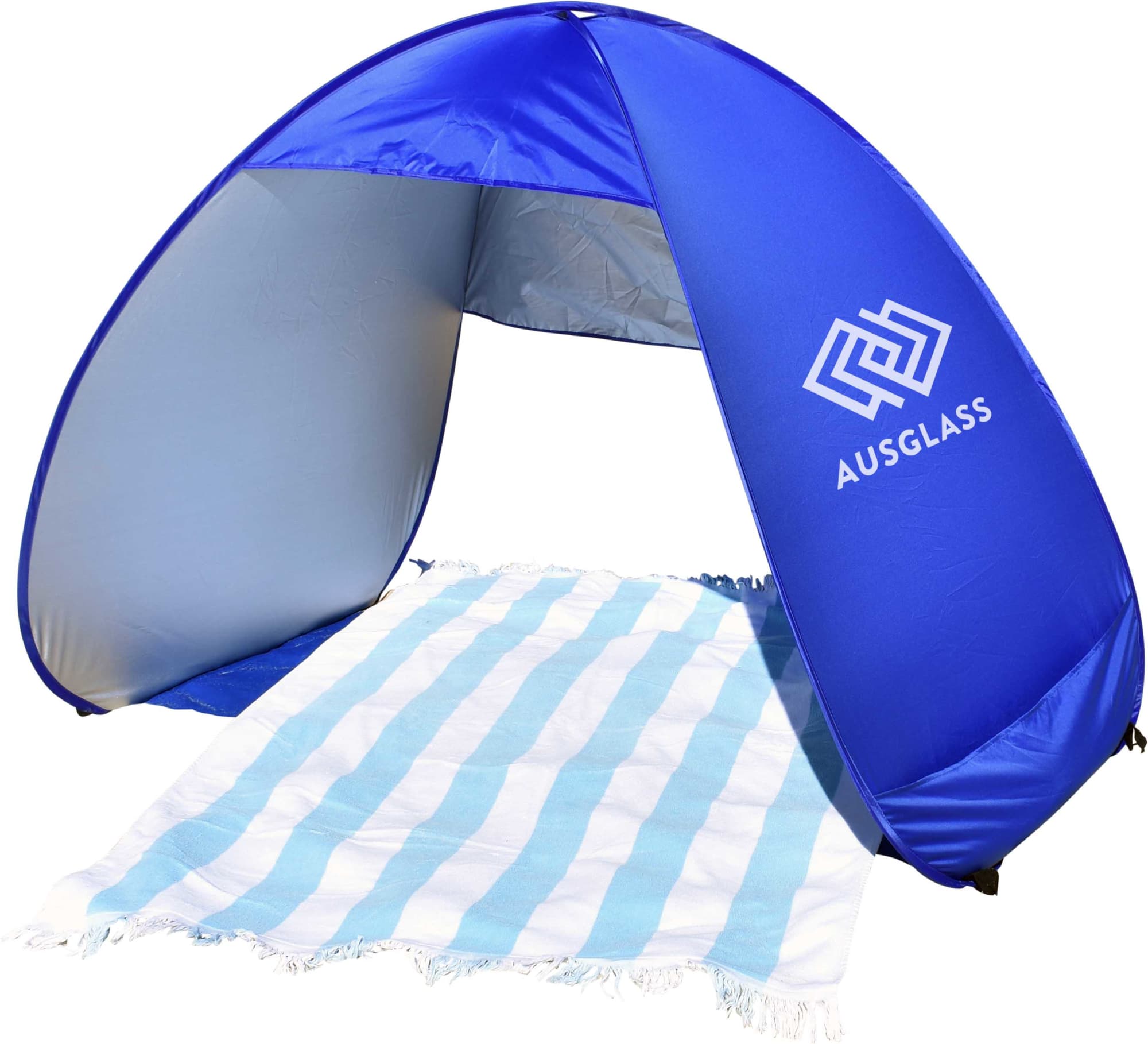 A blue pop-up beach shelter with a striped blue and white blanket inside. The shelter features a logo.