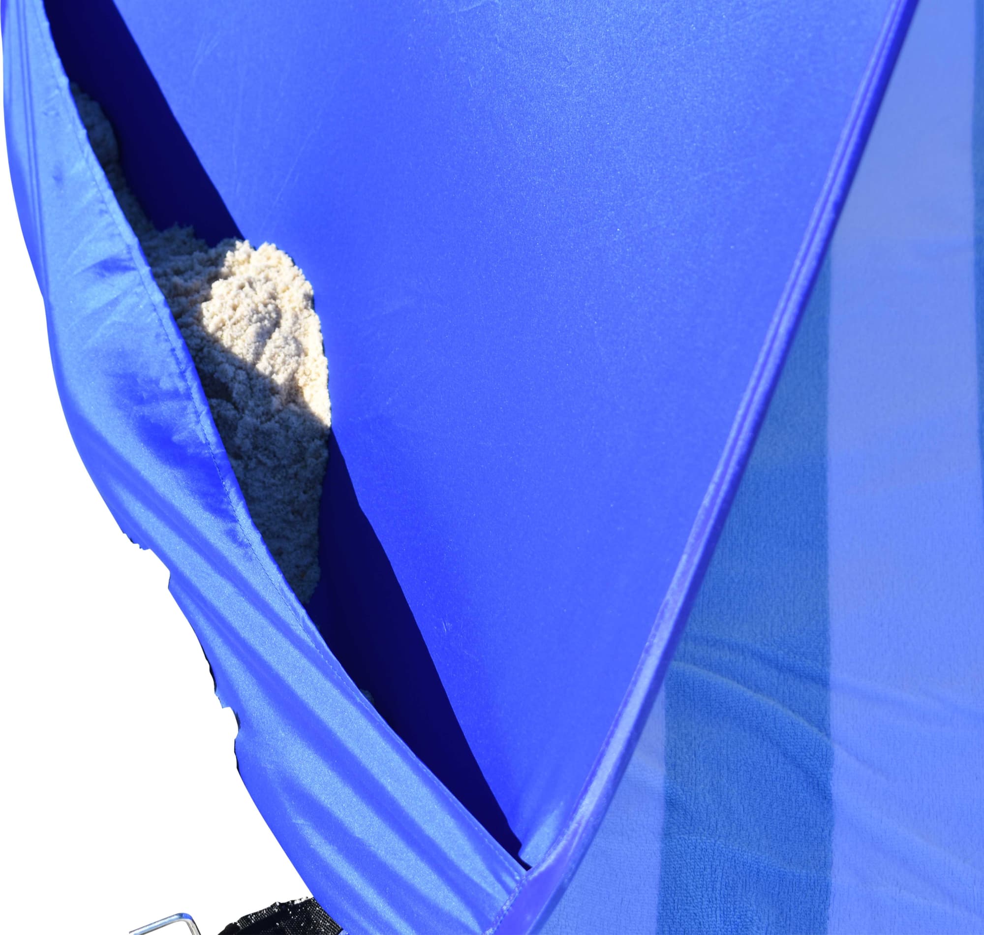A blue pop-up beach shelter featuring a pocket filled with sand, designed for outdoor leisure use.