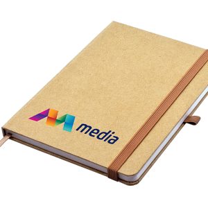 An A5 notebook with a kraft cover, elastic band, and a logo on the front. It has a ribbon marker.